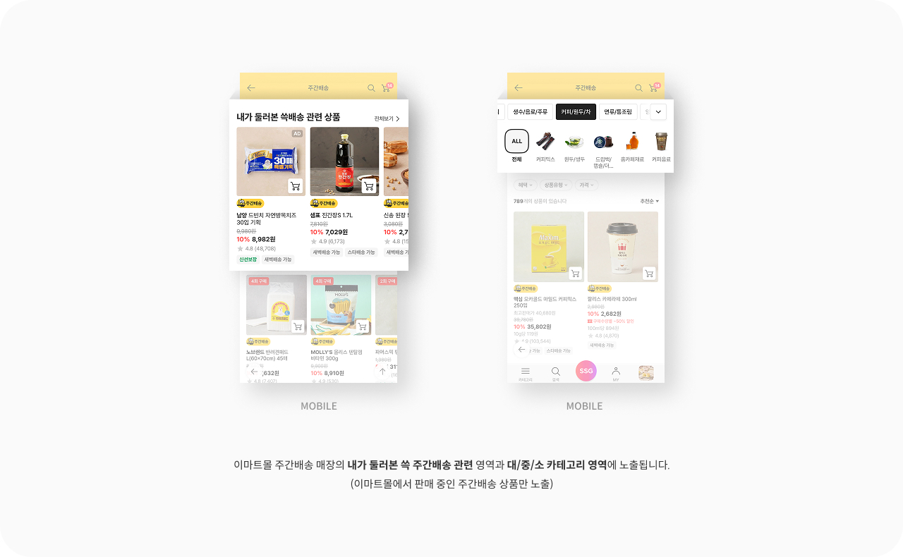 이마트몰 주간배송 매장의 내가 둘러본 쓱 주간배송 관련 영역과 대/중/소 카테고리 영역에 노출됩니다. (이마트몰에서 판매 중인 주간배송 상품만 노출)